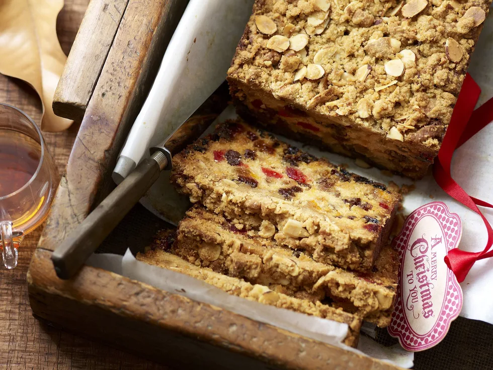 buttery light fruit cake with almond crumble