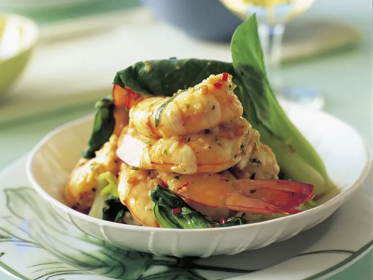 Garlic prawns and buk choy with herbed rice