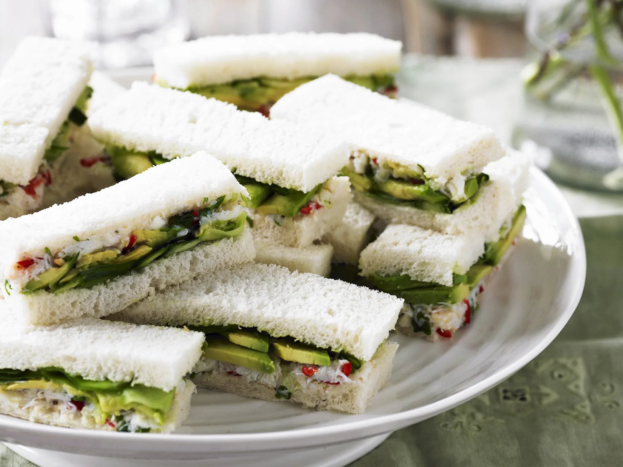 crab salad, avocado and cucumber sandwiches