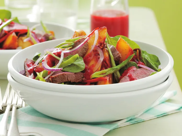 lamb, spinach and spiced peach salad