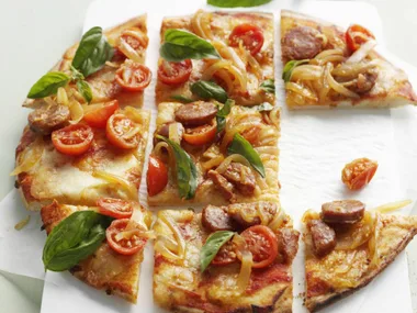 chorizo, basil and tomato pizza