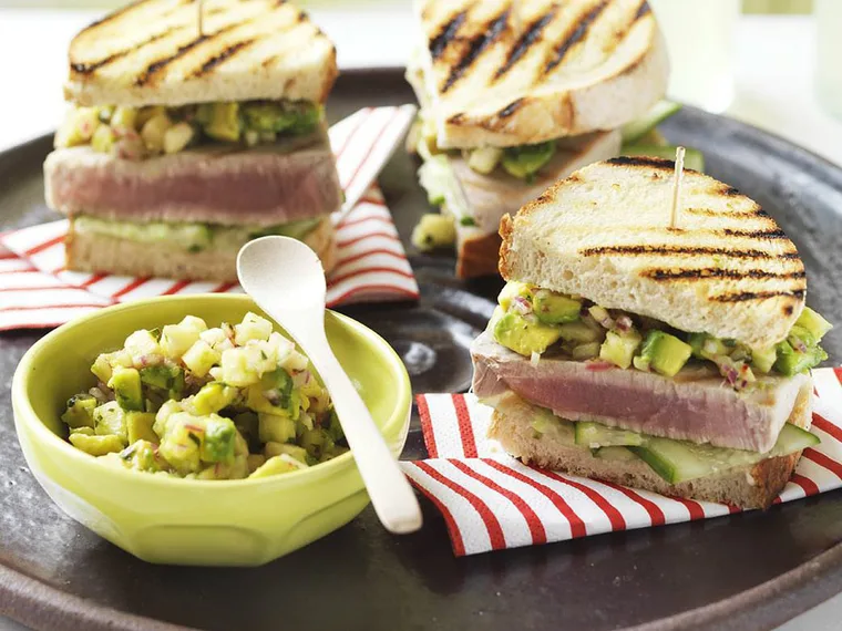 toasted tuna sandwiches with pineapple & avocado salsa