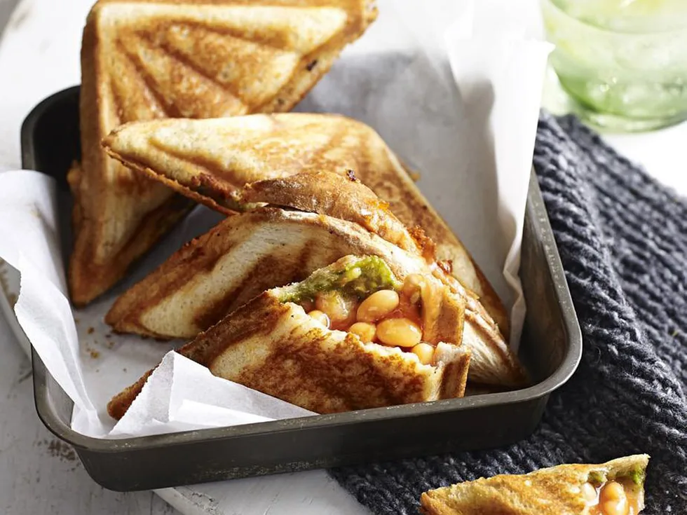 baked beans, pesto and smoked cheddar jaffle