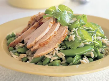 Mixed pea, broad bean and turkey salad with lemon mustard dressing