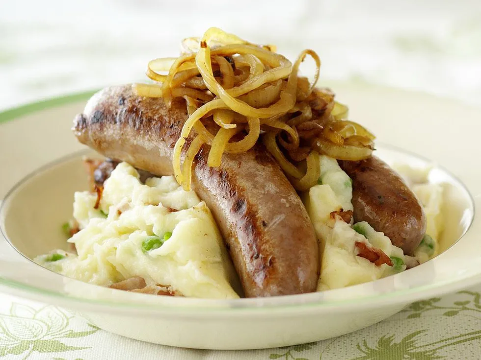 sausages with pea and bacon mash