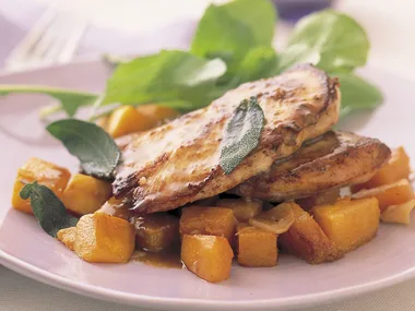 Lemon and anchovy chicken with garlic pumpkin