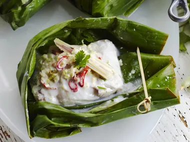 lime and chilli fish baked in banana leaves