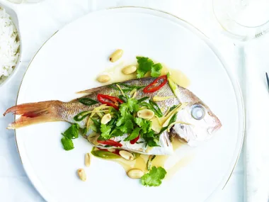 steamed baby snapper with chilli, ginger & peanuts