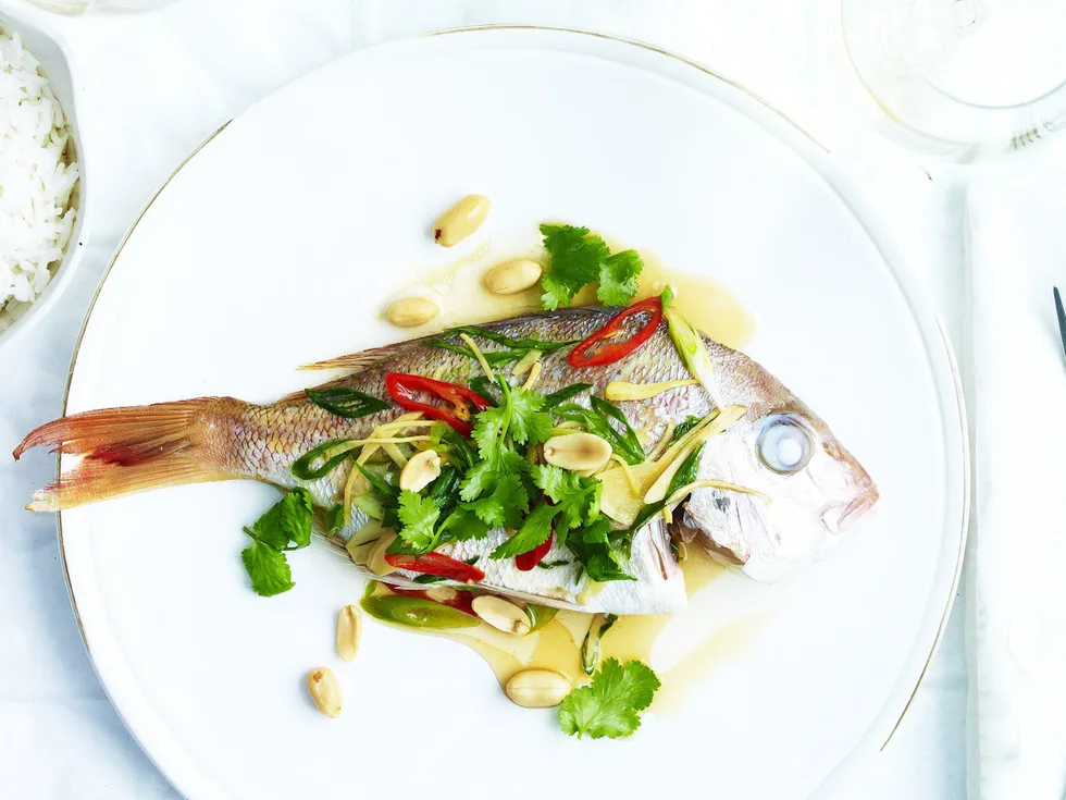 steamed baby snapper with chilli, ginger & peanuts