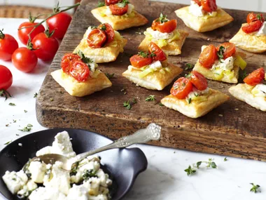 tomato, leek and marinated fetta tartlets
