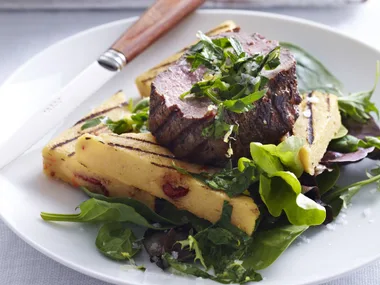 beef fillet with gremolata and semi-dried tomato polenta