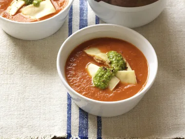 spicy tomato with ricotta ravioli and rocket pesto