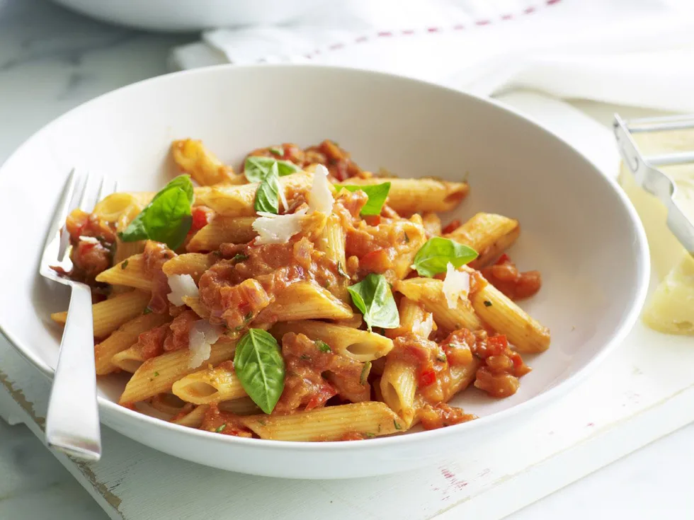 penne with vegetable bolognese and ricotta sauce