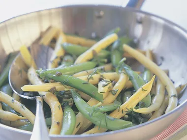 Beans and sugar snap peas with lemon and capers