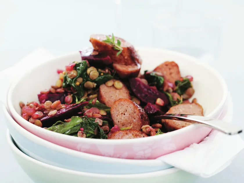 Beetroot and Lentil Salad with Grilled Pork Sausages