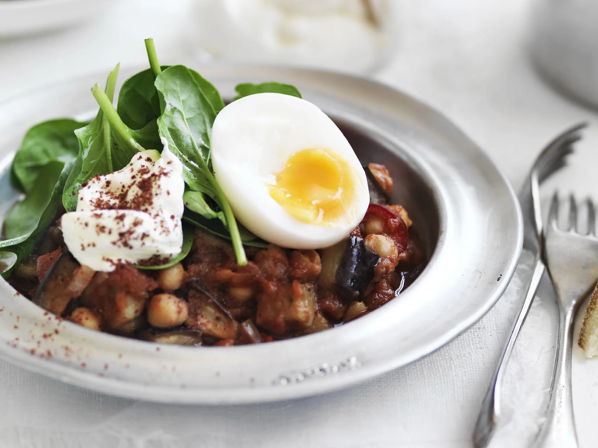 spicy eggplant with soft-boiled eggs and labne
