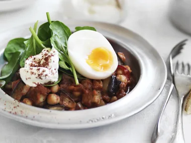 spicy eggplant with soft-boiled eggs and labne