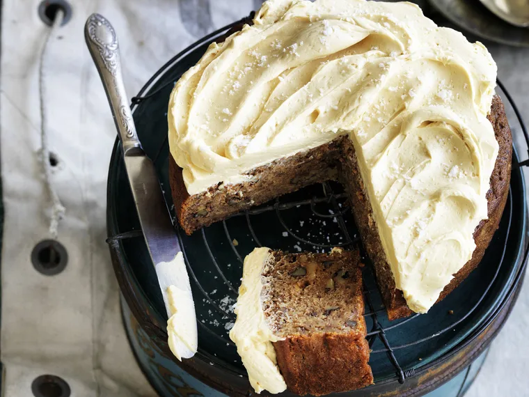 Banana coffee and walnut cake with salted caramel frosting