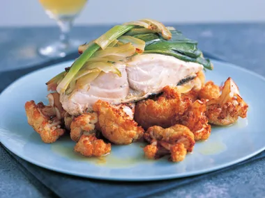 baby leek and fennel fish parcels with fried cauliflower