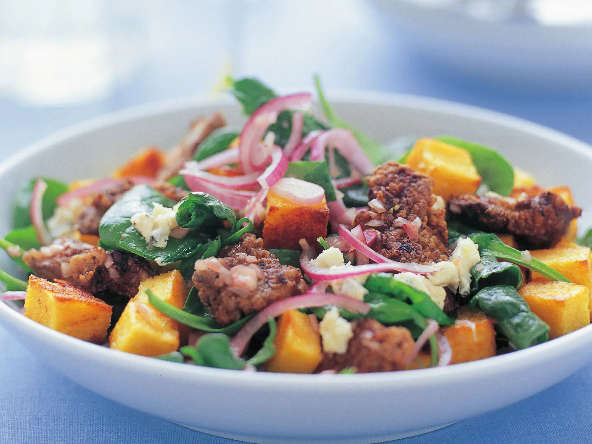 chicken liver salad with polenta croûtons