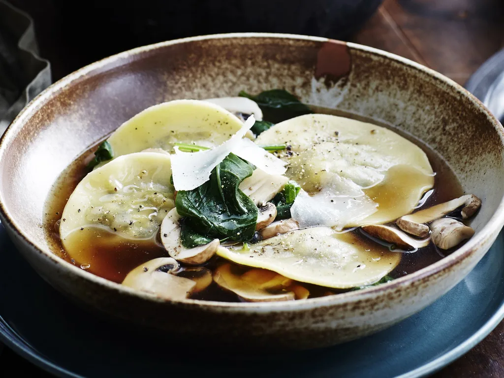 CHICKEN & MUSHROOM RAVIOLI IN BROTH