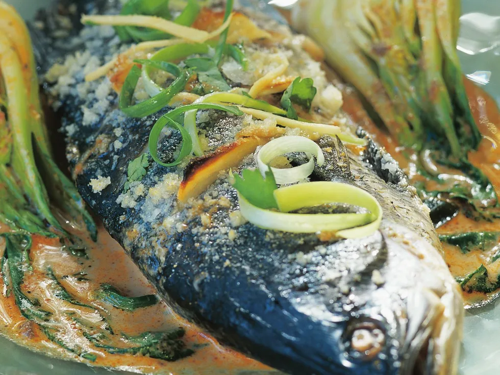 Salt-crusted barramundi on baby buk choy with red curry sauce