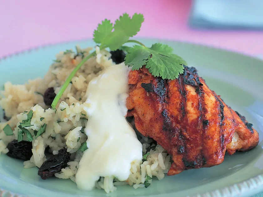 Paprika Chicken with Raisin and Coriander Pilaf