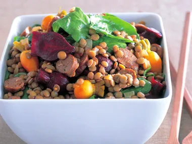 merguez, beetroot and lentil salad