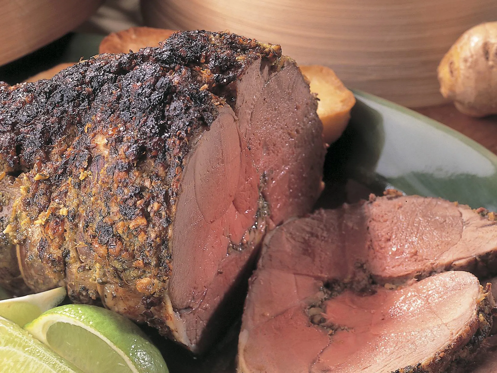 Tunnel-boned lamb with coriander hazelnut pesto