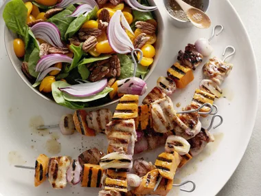 MAPLE-GLAZED CHICKEN AND KUMARA SKEWERS
