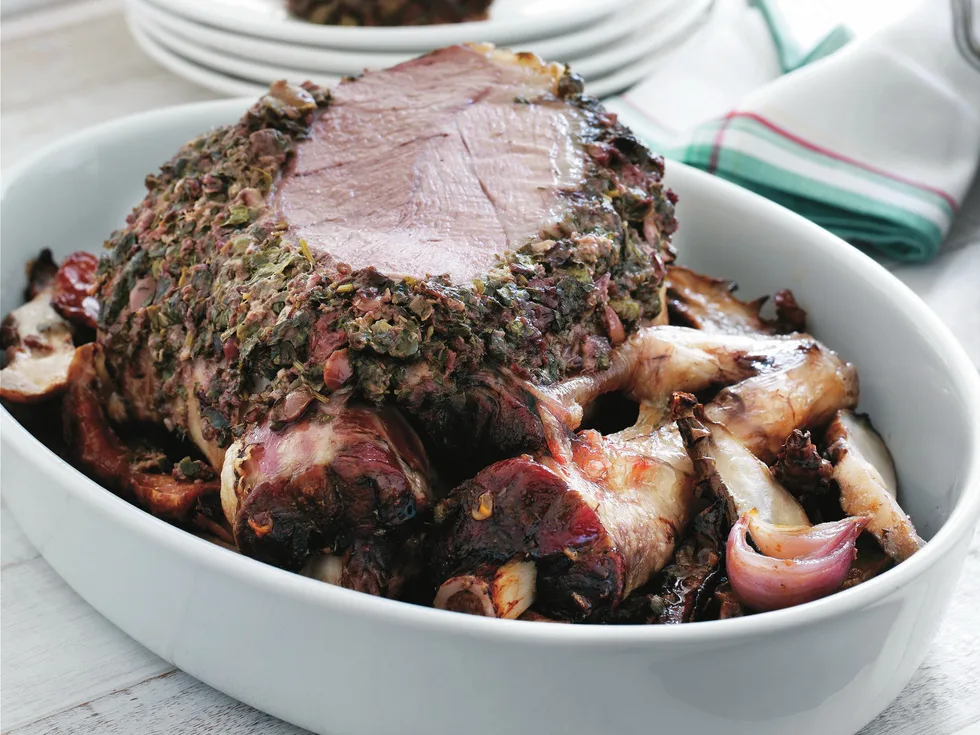 Slow-roasted leg of lamb with artichokes and lemon