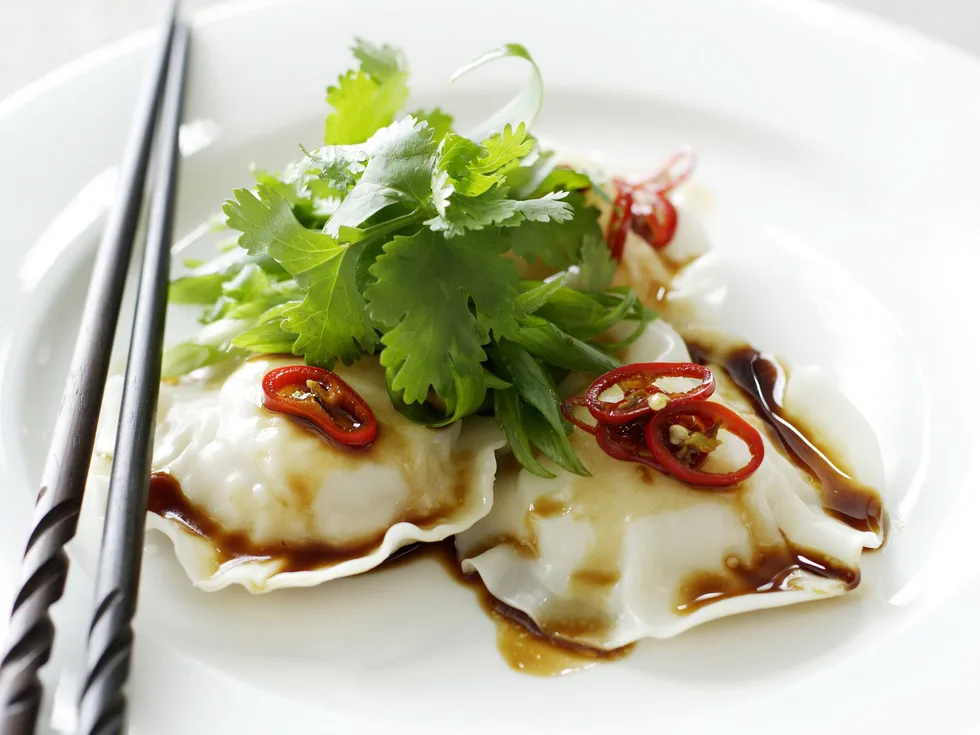 seafood ravioli with sesame dressing