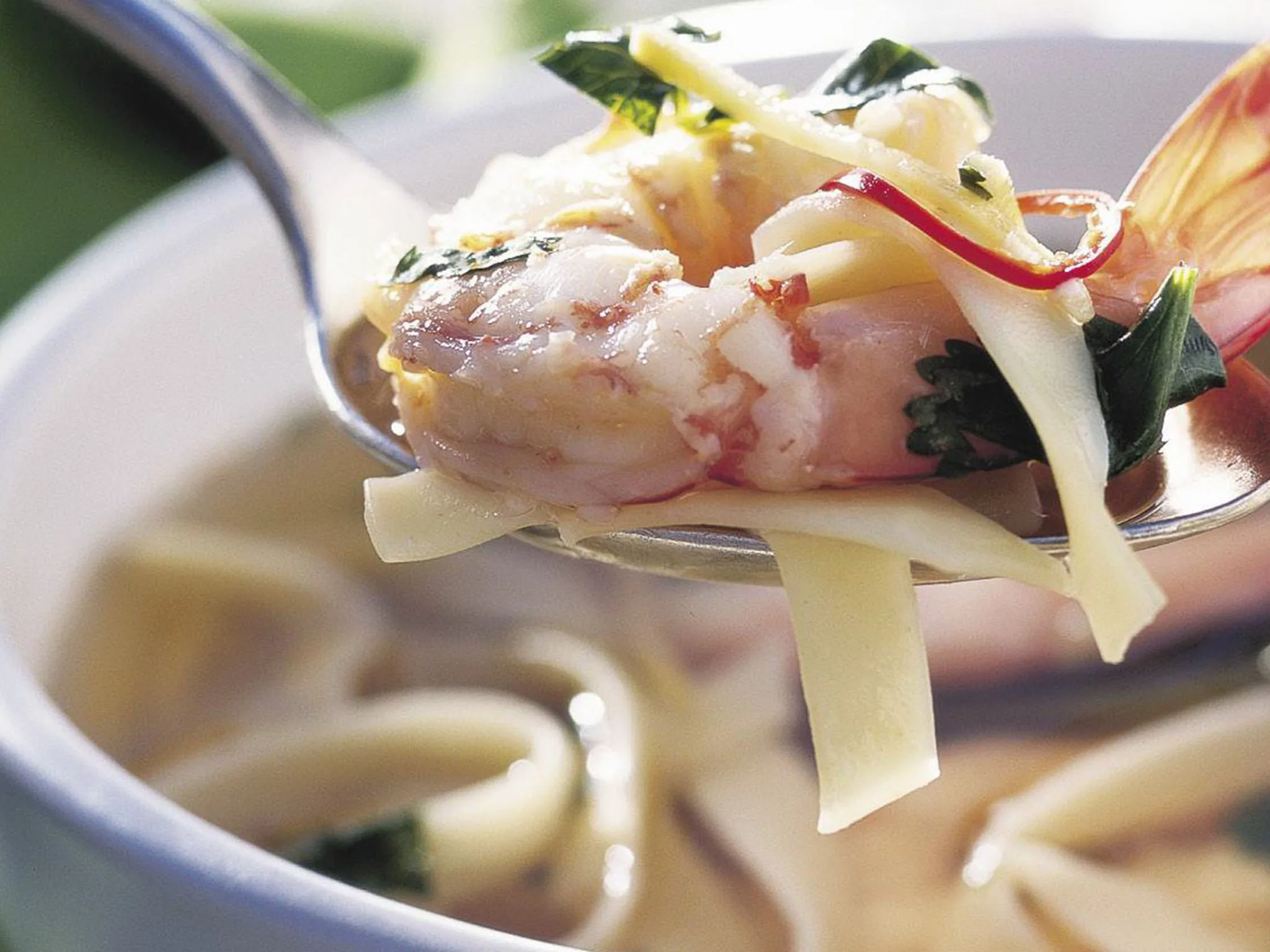 Clear prawn and pasta soup