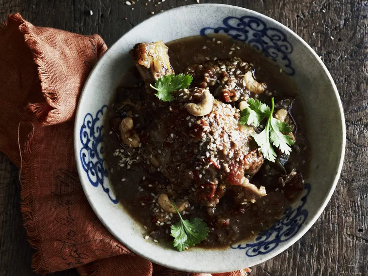 lamb and baby eggplant curry   with cashew and coconut