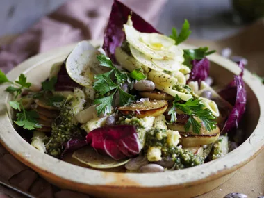 pasta with nut paste, pear & borlotti beans
