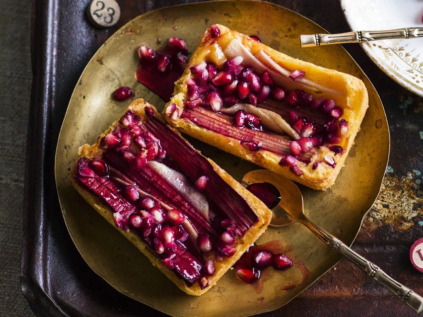 Rhubarb, pear and pomegranate custard tea cakes