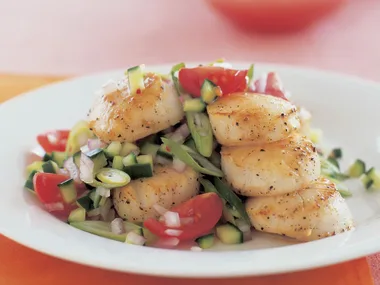 Salt and pepper scallops with cherry tomato salsa