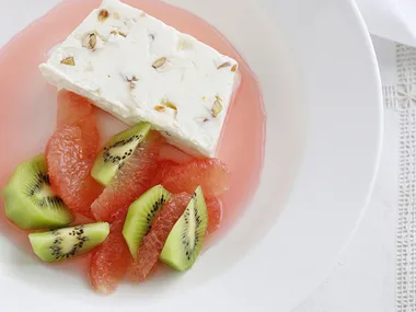 nougat parfait with ruby red grapefruit syrup