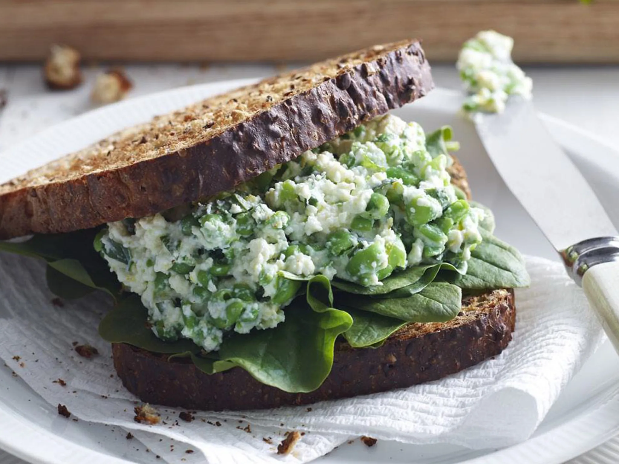 pea, ricotta, mint and spinach open sandwiches