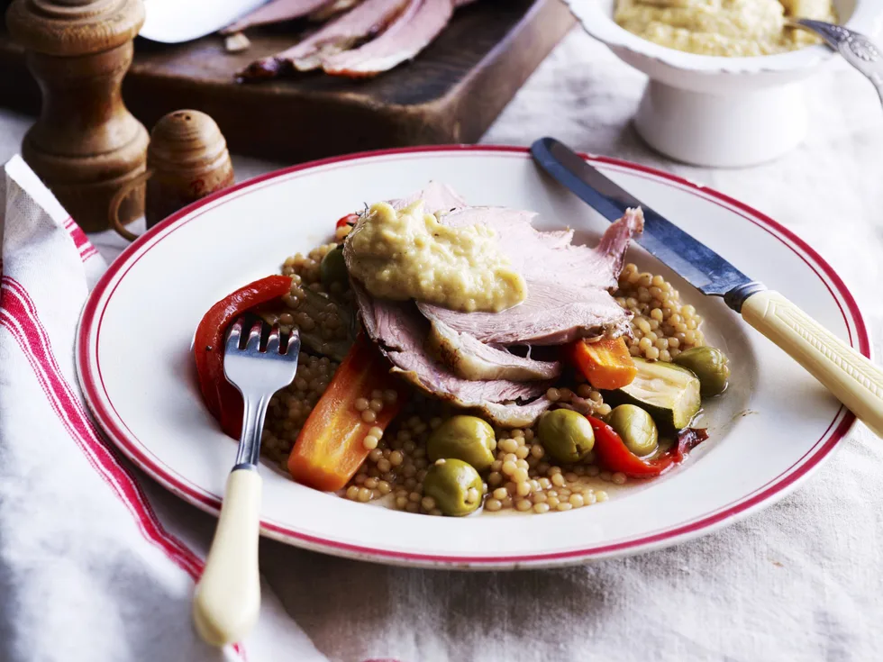 leg of lamb with couscous and eggplant puree