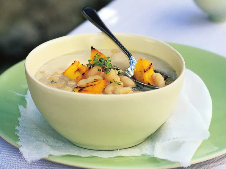 white bean soup with polenta croutons
