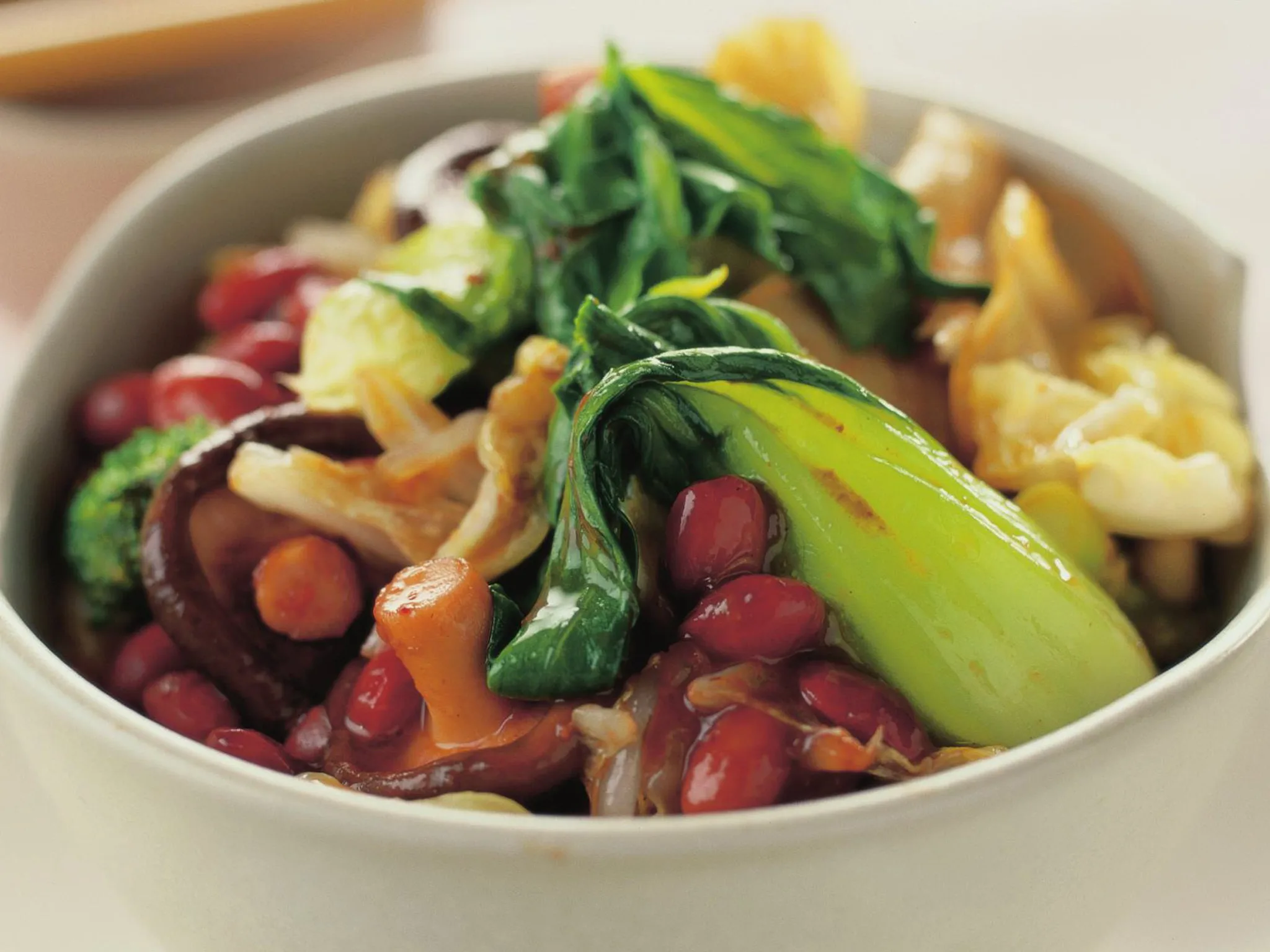 stir-fried mushrooms, beans and bok choy