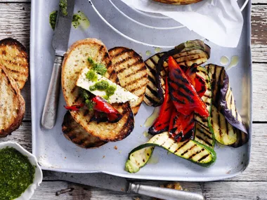 baked ricotta with char-grilled vegetables and salsa verde