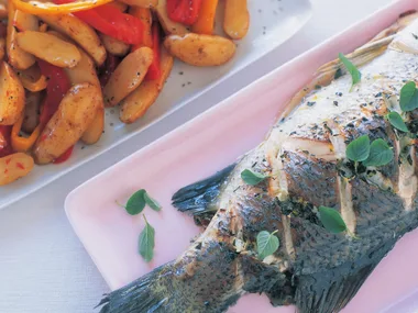 barramundi with kipflers and roasted capsicum