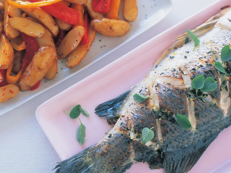barramundi with kipflers and roasted capsicum