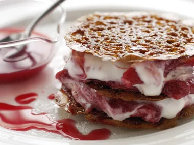 brandy snap and rhubarb stacks