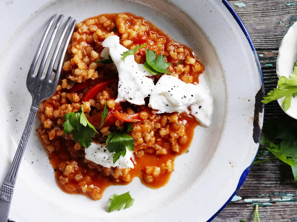 rosemary and tomato barley risotto with mozzarella