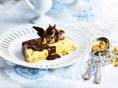 chocolate gelato terrine with honeycomb and chocolate fudge sauce