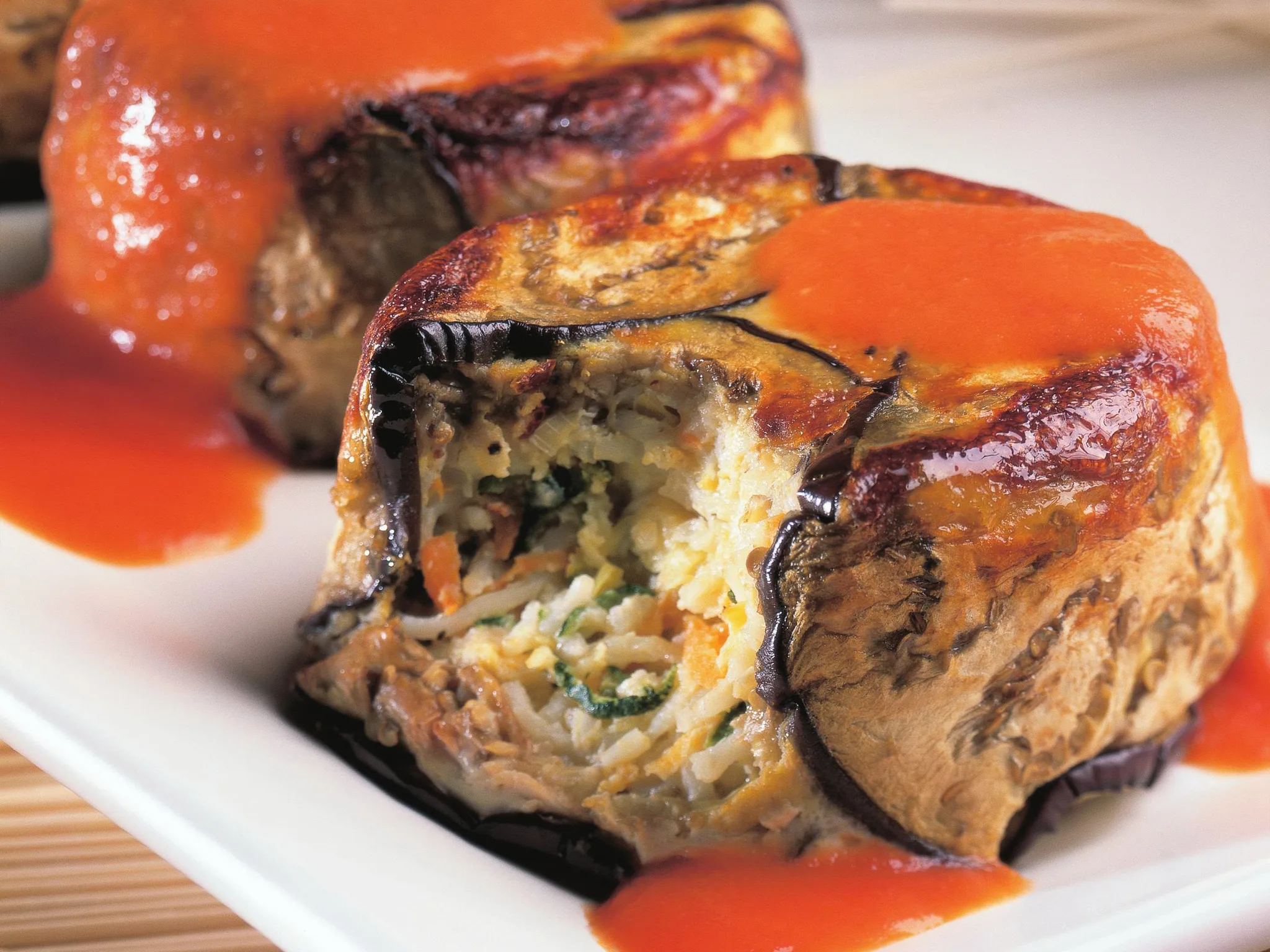 eggplant timbales with roasted tomato sauce