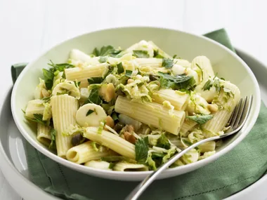 pasta salad with fried sprouts,bocconcini and almonds